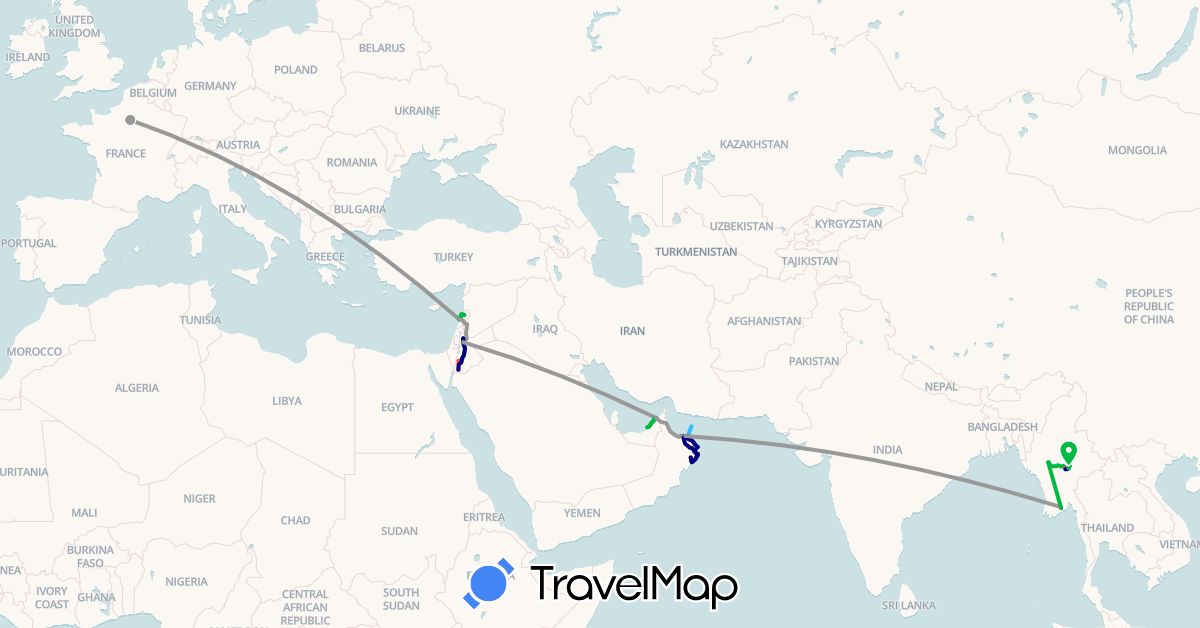 TravelMap itinerary: driving, bus, plane, cycling, hiking, boat, motorbike in United Arab Emirates, France, Jordan, Lebanon, Myanmar (Burma), Oman (Asia, Europe)